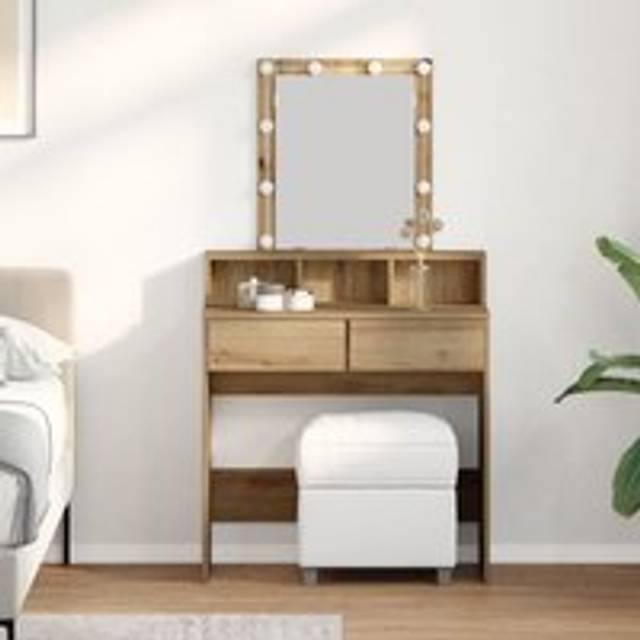 Dressing Table with Mirror and LEDs Artisan Oak Engineered Wood - Brown - One Size