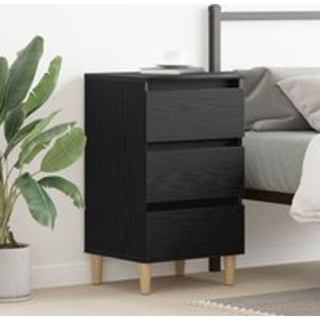Bedside Cabinet with Wooden Leg Black Oak 40x35x69 cm - One Size