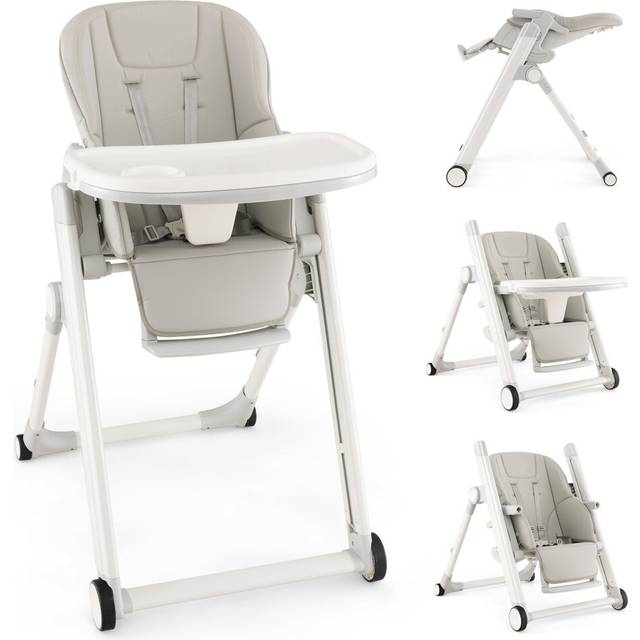 Foldable Baby High Chair Feeding Chair w/ Recline Backrest Detachable Trays
