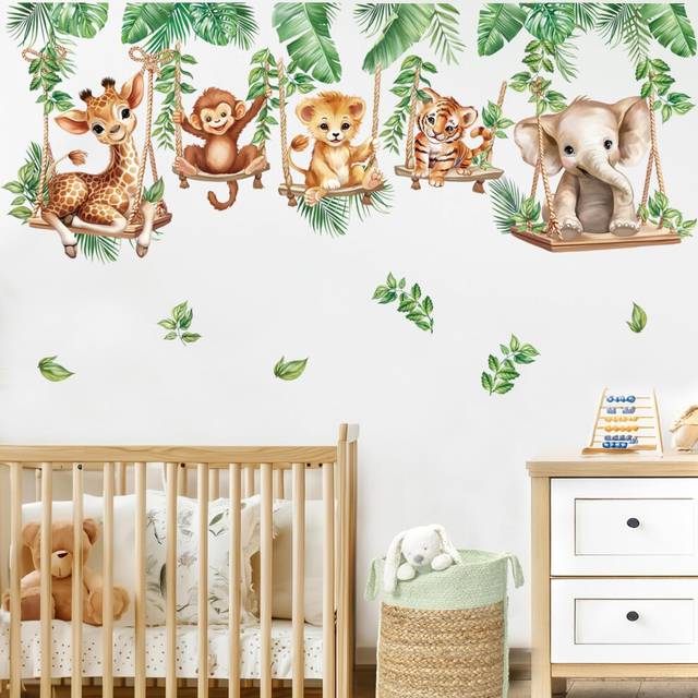 wondever Jungle Animal on Swings Wall Stickers Baby Lion Elephant Giraffe Tropical Leaves Peel and Stick Wall Art Decals for Children Nursery Kids