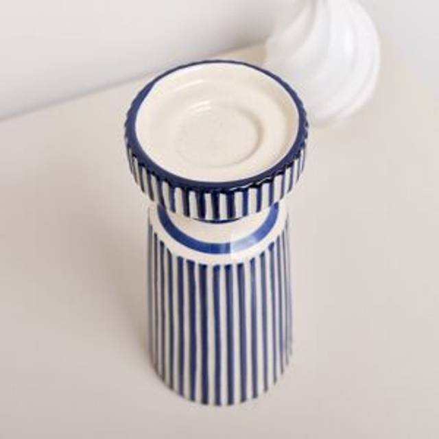 Hand Painted Blue and White Striped Ceramic Candle Holder Material: Home Decor & Accessories