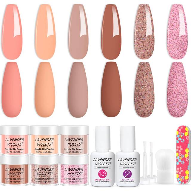 12Pcs Dip Powder Nail Kit Starter - 6 Colours Salmon Orange Nude Pink Shimmer Dipping Powder System Liquid Set with Base & Top Coat Activator for
