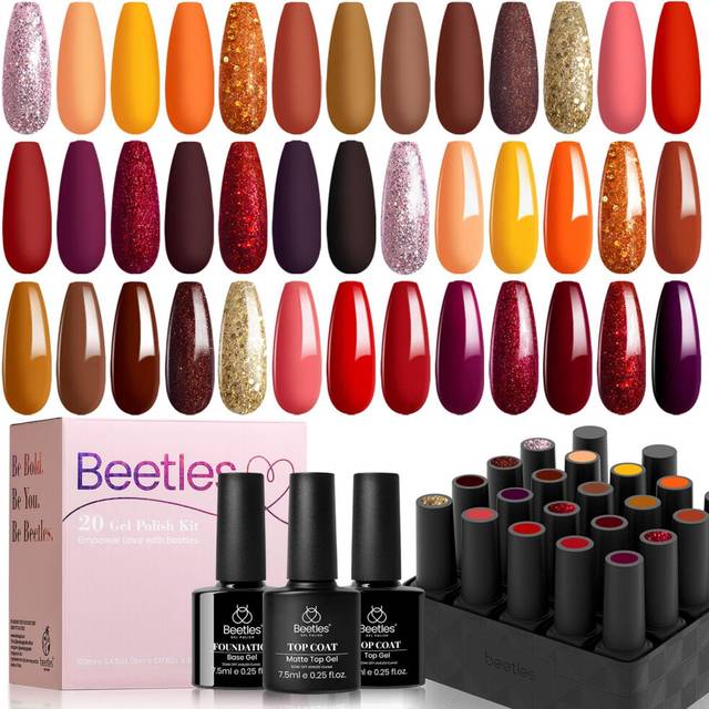 Beetles Gel Nail Polish - 20 Pcs Gel Polish with Glossy Matte Top Base Coat, Full Maroon Gold Yellow Red Orange Glitter Soak Off UV Gel Nail Varnish