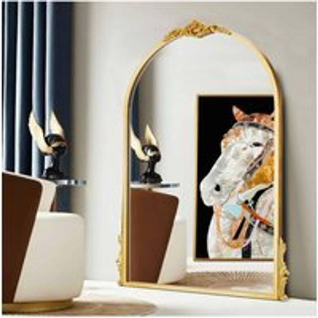 54cm W x 89.5cm H Gold Floral Carved Metal Frame Arch Wall Mirror Art Deco Vanity Mirror - Metallics - One Size