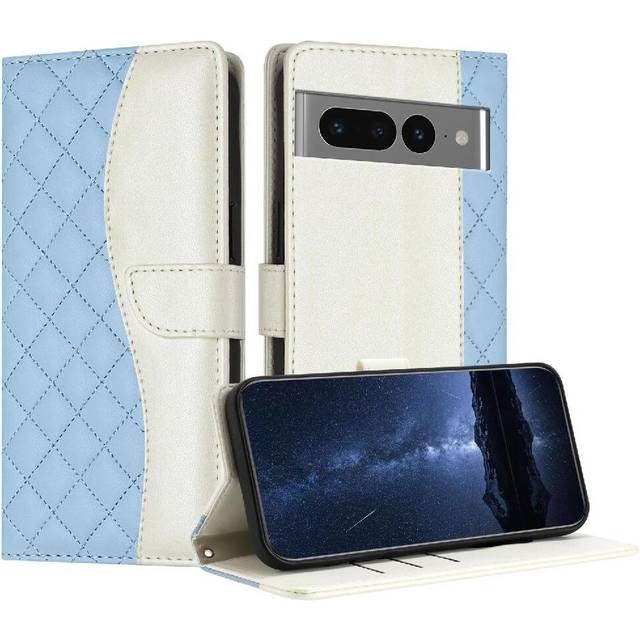(Light blue) Flip Case for Google Pixel 7 Pro Light Color Magnetic Wallet Protection Card Slots Holder Wrist Strap