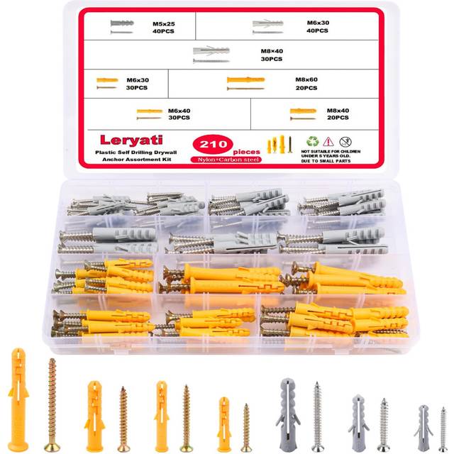 210pcs Screws and Wall Plugs Set, Leryati M5/M6/M8 Wall Plugs and Screws (105 x Masonry Screws, 105 x Expansion Anchor Bolts), Plastic Wall Anchors