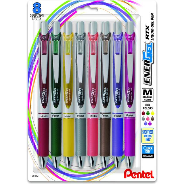 EnerGel RTX Retractable Liquid Gel Pen  (0.7mm) Medium Line  Metal Tip  Assorted Ink  8 Pack (BL77BP8M3)