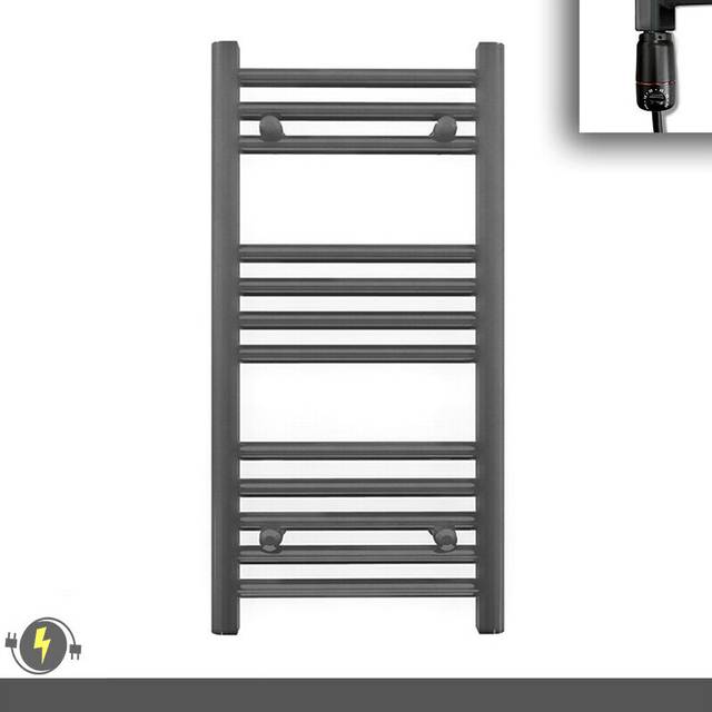(400 x 700 (BTU: 988), With GT Thermostatic Element) 400mm Wide Anthracite Grey Electric Towel Rail With Thermostatic Element