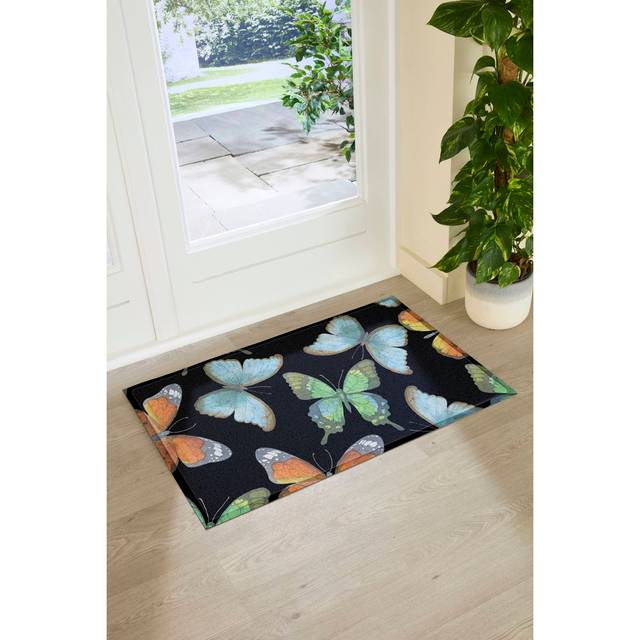 Black Watercolour Butterfly Indoor Outdoor Doormat (90 x 60cm) (90cm W X 60cm L X 1cm H)