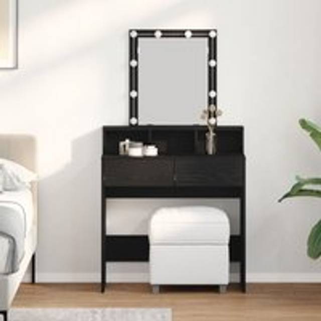 Dressing Table with Mirror&LED Lights Black Oak Engineered Wood - One Size