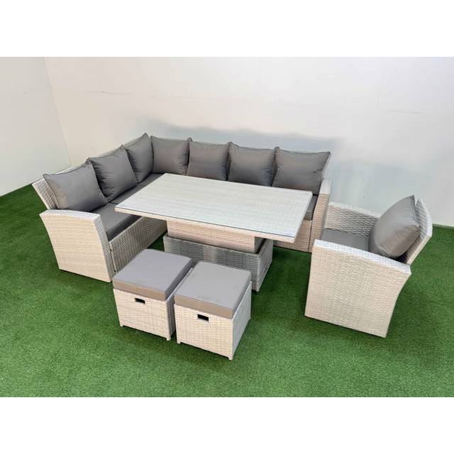 9-Seat Rattan Corner Sofa Set With Rising Dining Table - Weather-Resistant Outdoor Furniture | Wowcher - Grey
