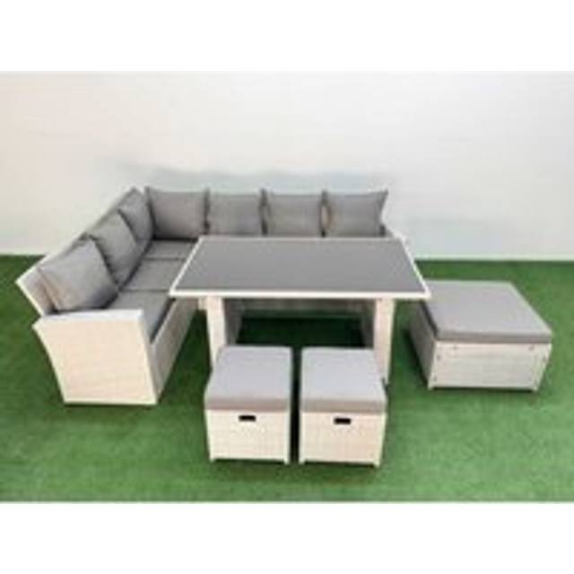 9 Seater Wicker Rattan Corner Sofa Sets Outdoor Garden Furniture Sets with Rectangular Dining Table Lounge Sofa 3 Footstools Light Grey - Fimous