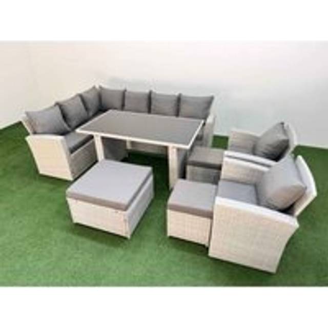 11 Seater Wicker Rattan Corner Sofa Sets Outdoor Garden Furniture Sets with Rectangular Dining Table Lounge Sofa 3 Footstools Light Grey - Fimous