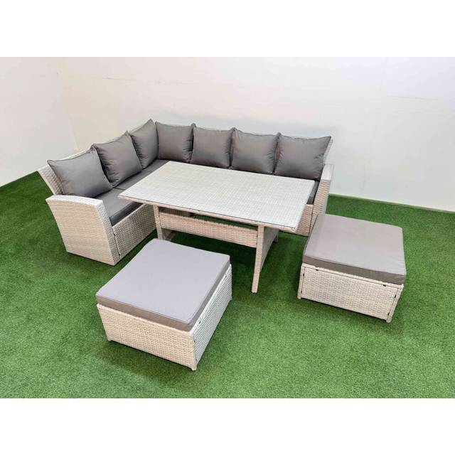 Fimous 8 Seater Rattan Garden Furniture Set Outdoor Patio Dining Corner Sofa Sets with Dining Table 2 Big Footstools Light Grey Mixed