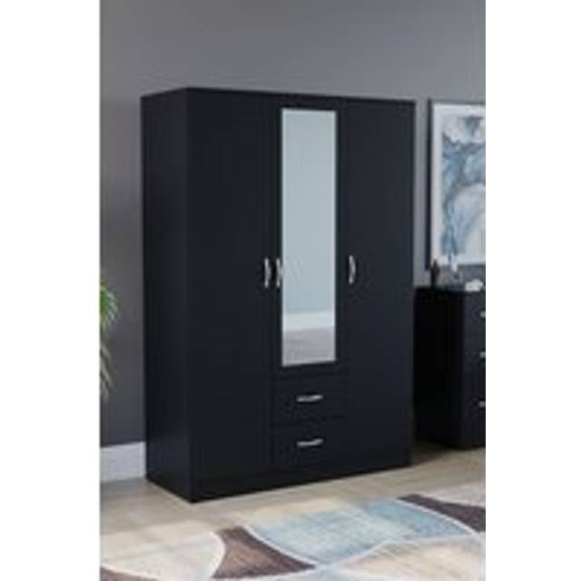 Vida Designs Riano 3 Door 2 Drawer Mirrored Wardrobe Storage Organizer - Black - One Size