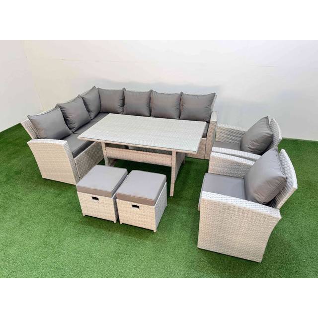 10 Seater Rattan Garden Furniture Set Outdoor Patio Dining Corner Sofa Sets with Dining Table 2 Chairs 2 Small Footstool Light Grey Mixed - Fimous