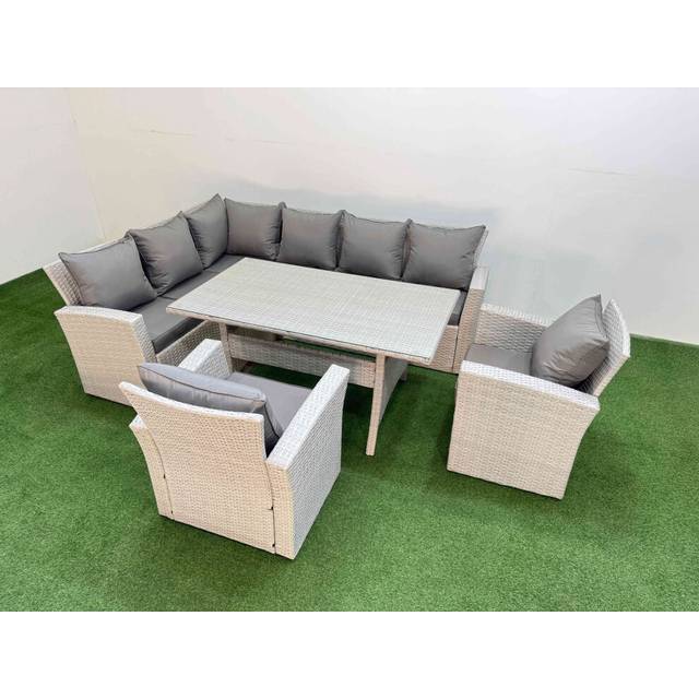 Fimous 8 Seater Rattan Garden Furniture Set Outdoor Patio Dining Corner Sofa Sets with Dining Table 2 Chairs Light Grey Mixed