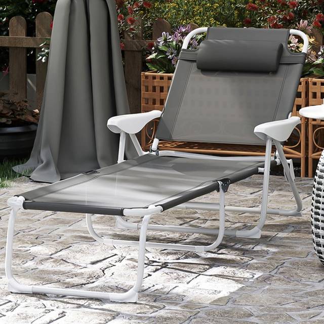 Outsunny - Folding Sun Lounger with 4-Level Backrest & Headrest, Charcoal Grey