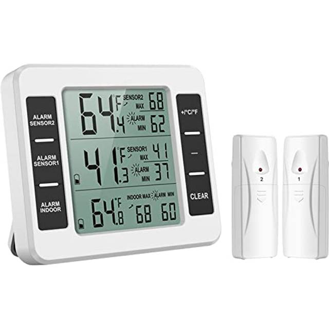 ORIA Digital kylskåpstermometer, inomhus/utomhus frystermometer med 2 trådlösa sensorer och ljudlarm, Kylskåpstermometrar registrera min/max, för hem, restauranger, etc
