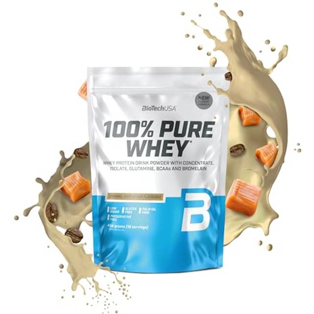 BioTechUSA 100% Pure Whey | Proteinpulver med BCAA och glutamin | Glutenfritt, palmoljefritt | 21 g protein per portion, 454 g, Karamell-Cappuccino