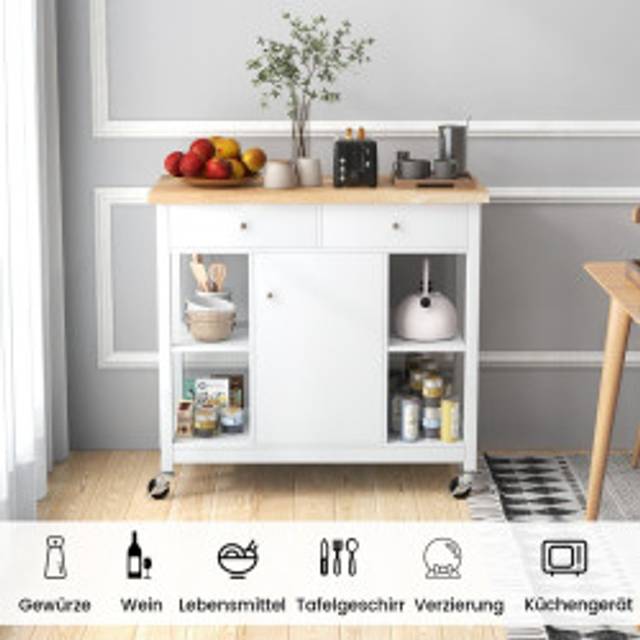 Köksvagn med hjul Köksö med bänkskiva Serveringsvagn med 2 lådor 99 x 46 x 90 cm Vit