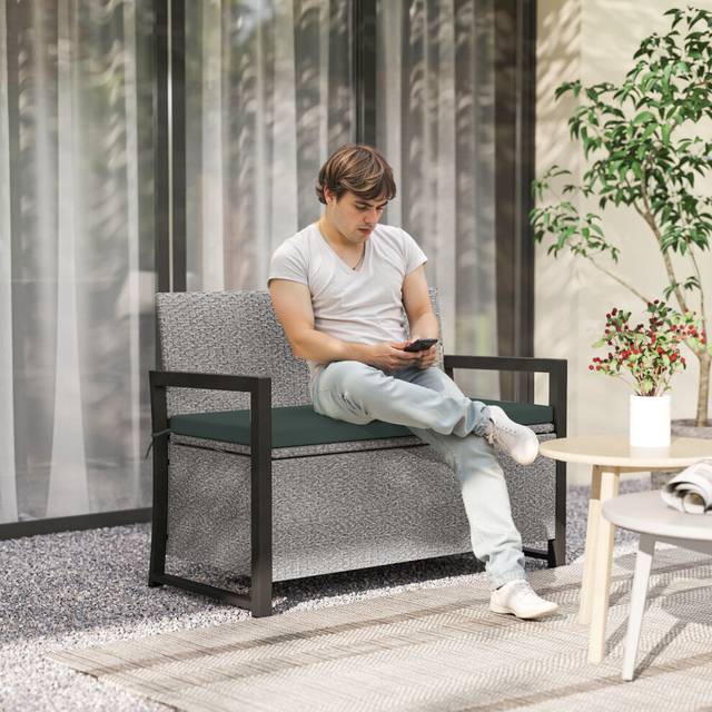 Outsunny Rattan Garden Bench with Storage, Inner Bag, 151.5L Outdoor Bench, Grey