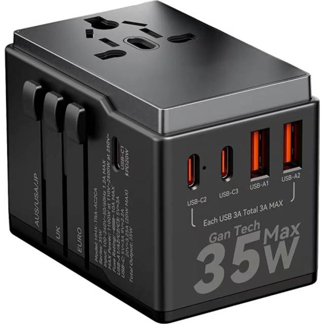 Dudao reseadapter 35W EU/UK/AUS/US/JP, 3x USB-C, 2x USB-A - Svart