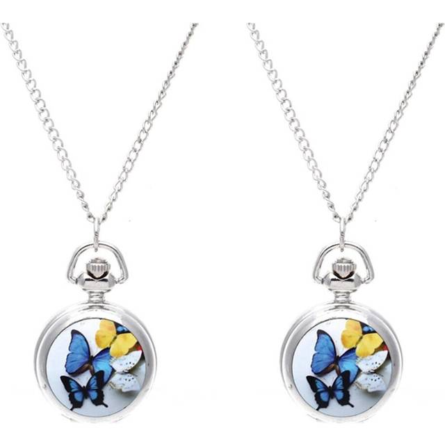 2X Lady Locket Pendant Quartz Pocket Watch Necklace Chain Vintage Butterfly [Watch]