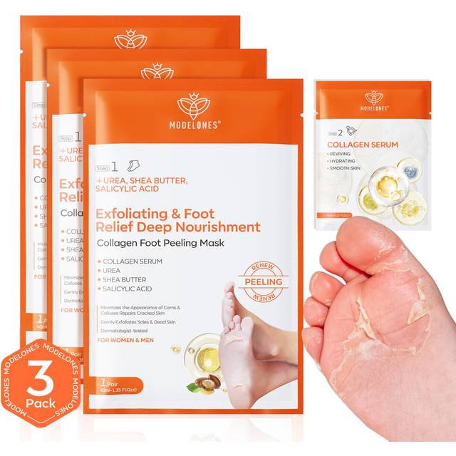 Foot Peeling Mask 3 Pack, Exfoliating Foot Mask for Dry Cracked Feet, Callus Dead Skin Remover, Additional 3 Pack Collagen Serum for Reviving Baby