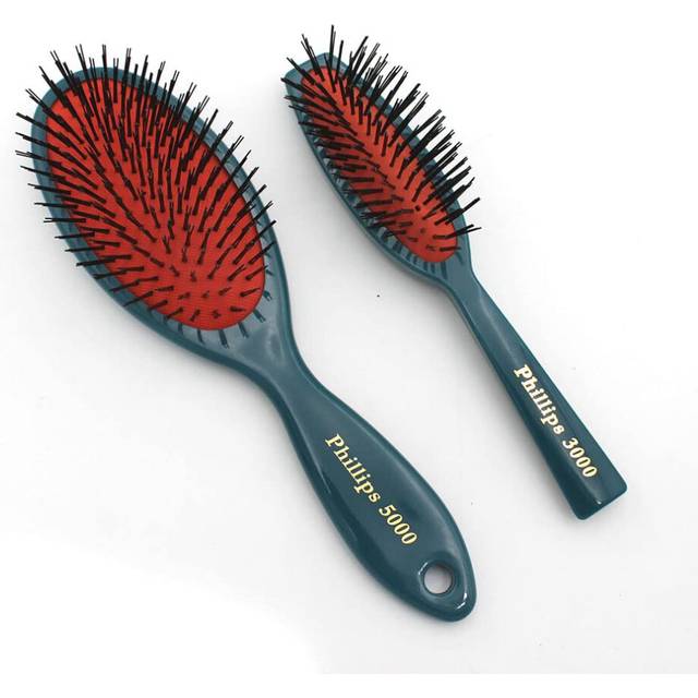 Phillips Brush 3000 + 5000 Cushion Hairbrush Combo Pack - Purse Sized + Full Sized Brushes  Teal Color with Flower Designs  Nylon Bristle Hair Brushes