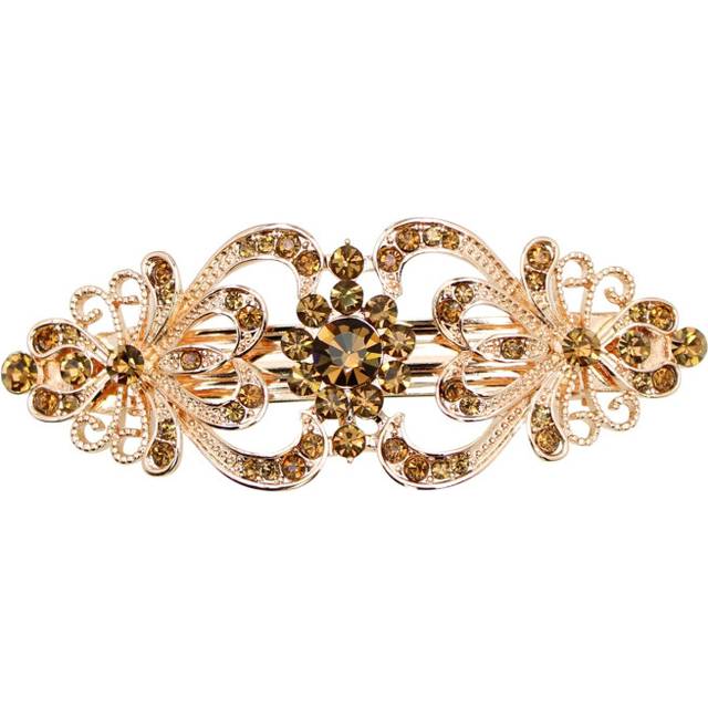 Faship Smoked Topaz Chocolate Brown Rhinestone Crystal Hearts And Floral Hair Barrette Clip