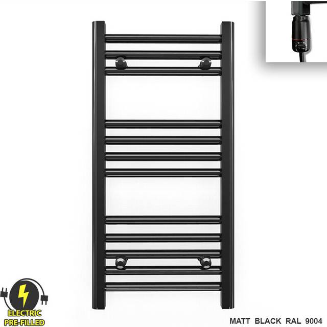 (400 x 700 (BTU: 988), With GT Thermostatic Element) 400mm Wide Black Electric Towel Rail With Thermostatic Element