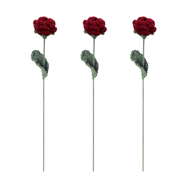 Crochet Flowers Bouquet Handmade Knitted Red Rose Flower Artificial-Fake Wedding Home Decoration
