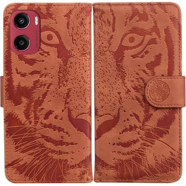 (Brown) Flip Case for Motorola Moto G05 Kickstand Protective Embossed Cute Tiger Leather Wallet