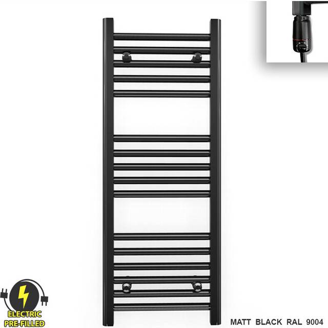 (400 x 900 (BTU: 1289), With GT Thermostatic Element) 400mm Wide Black Electric Towel Rail With Thermostatic Element