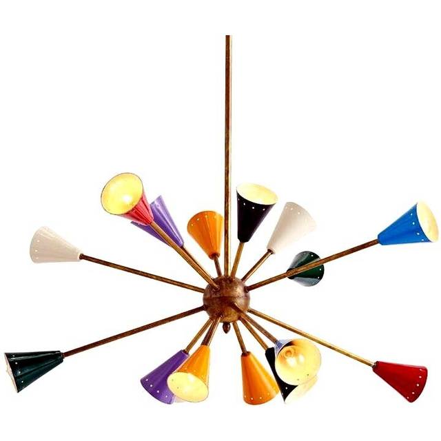 Mid century design 16 arm multicolored sputnik light huge décor brass chandelier
