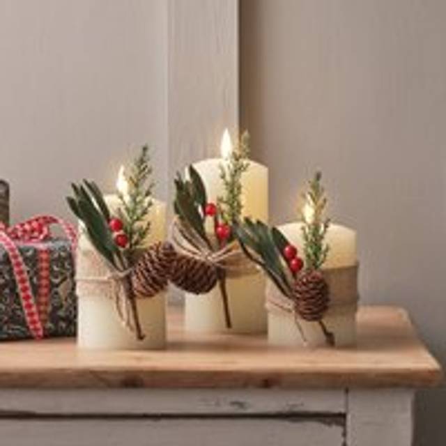 3 Winter Foliage Wrapped TruGlow® LED Pillar Candles - Warm White