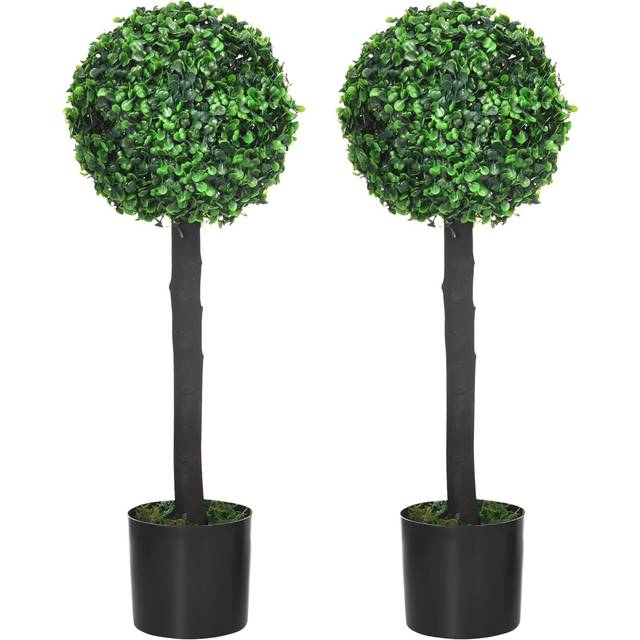 HOMCOM Set of 2 Potted Artificial Plants Boxwood Ball Trees Indoor Outdoor, 60cm