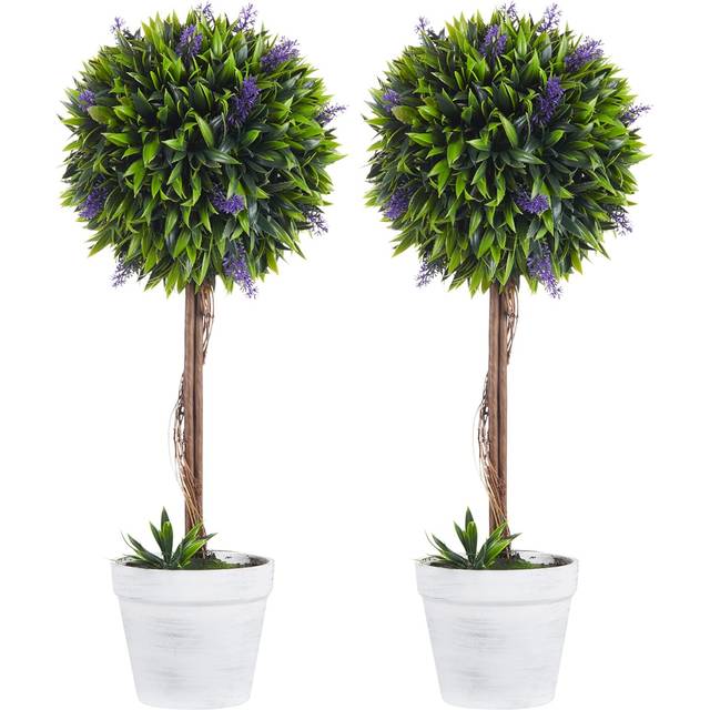 HOMCOM Set Of 2 Potted Artificial Plants Ball Tree with Lavender Flowers 60cm, Green