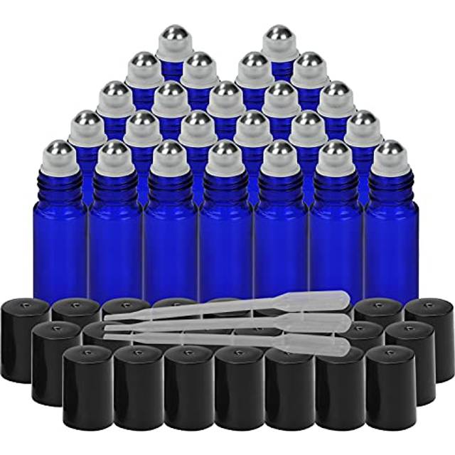 24 pack Cobalt Blue Glass Roller Bottles with Droppers - 10ml Essential Oil Bottle Set with Stainless Steel Roll Balls - Refillable Empty Bottles for