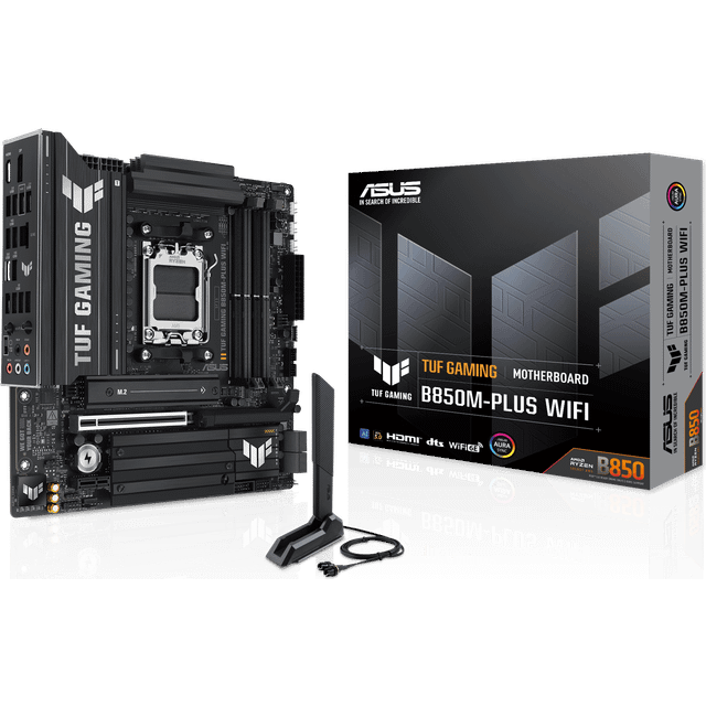 ASUS TUF Gaming B850M-Plus WiFi, AMD mATX moderkort, 14 + 2 + 1-stegs strömförsörjning, DDR5, PCIe 5.0-plats, 3 M.2-platser, WiFi 6E, Ethernet Realtek 2,5 GB, USB-C, 20 Gbps, BIOS Flashback och Aura