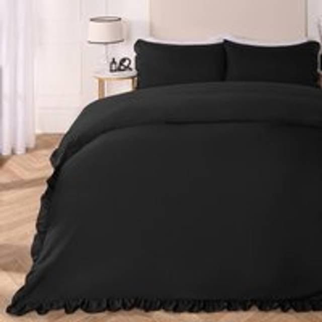 Duvet Cover Set Frill Edge Microfibre Quilt Decor Bedding Pillowcase - Black - Double