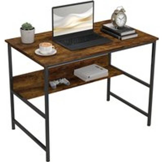 HOMCOM 2-Tier Writing Desk Metal Frame with Storage Shelf Rustic Brown