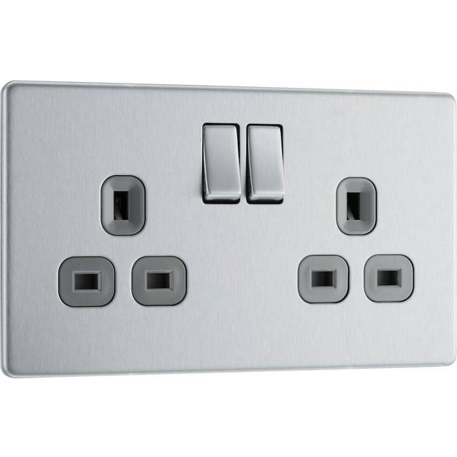 BG Screwless Flatplate Brushed Steel Double Switched 13A Power Socket - Grey Insert - FBS22G