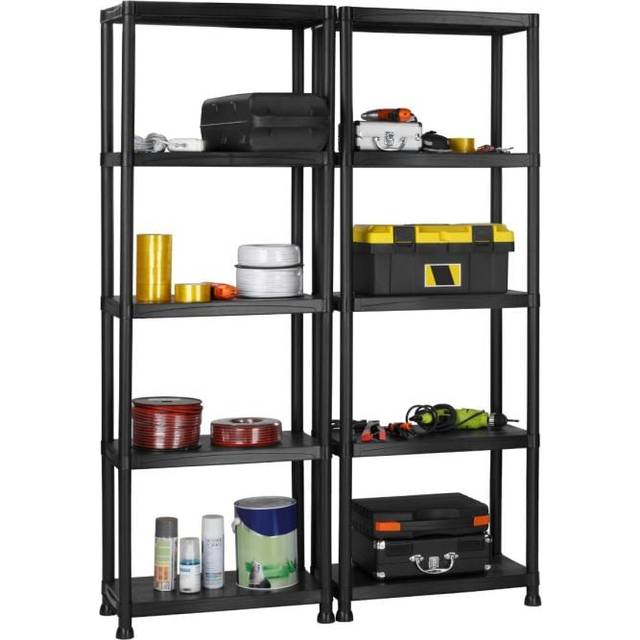VonHaus Pack of Two 5 Tier Plastic Shelving Utility Unit Shed Garage Storage Freestanding Shelves System - 250Kg Capacity - 25Kg Per Shelf - Ideal Off - Black (172.5cm H X 61cm W X 30.5cm D)