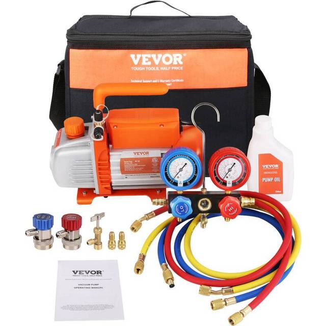 VEVOR 1/5 HP 3,5 CFM AC-vakuumpump och mätarsats, enstegs roterande skovel HVAC luftvakuumpump A/C kylmedelssats grenrörsmätsats, med trefärgad slangbärväska, tillämplig på R134a, R1234yf