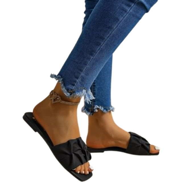 SHEIN Plus Size Women Fashion Round Toe Pleated Slip-On Flat Slides