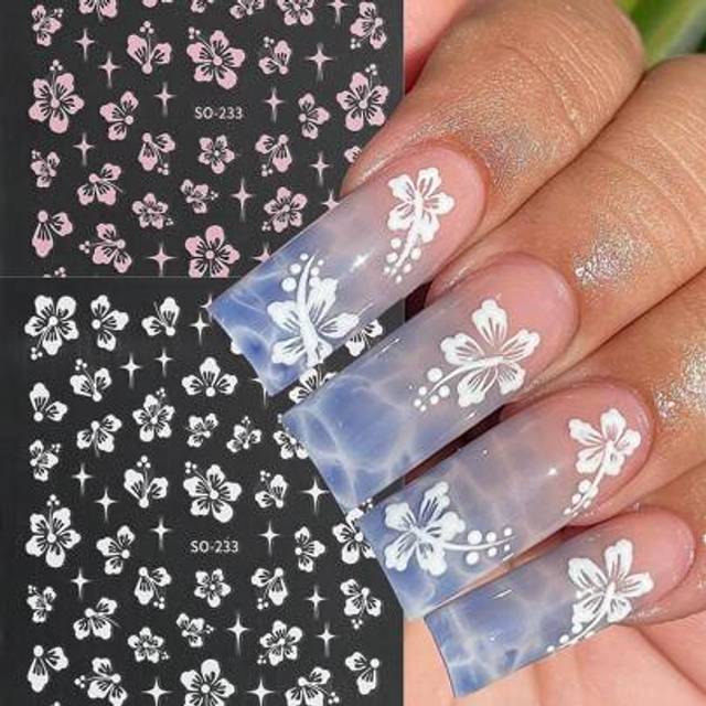 SHEIN 2Pcs Hibiscus Flowers Nail Stickers Summer Decor Pink White Floral Flowers Stars Nail Decals 3D Tropical Petal Sliders Manicure Foils