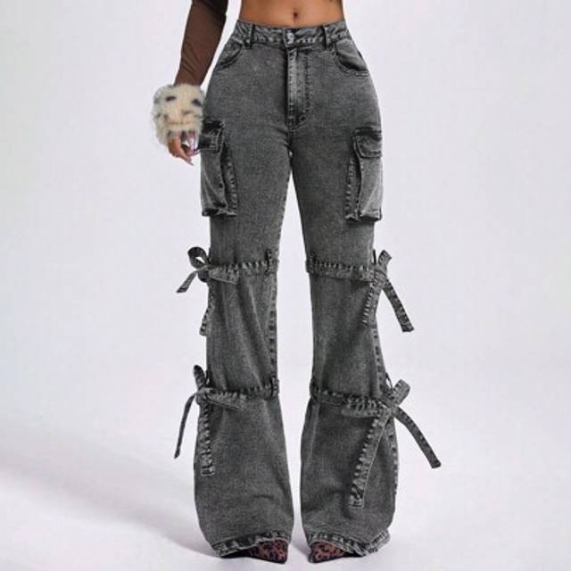Jeanoix Women&#39;s Lace-Up Cargo Pocket Flare Leg Casual Jeans Skinny Flared Jeans