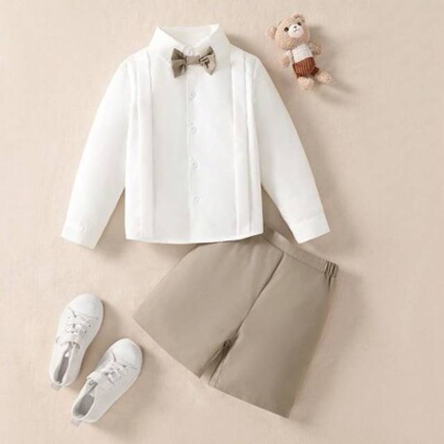 SHEIN 2pcs Young Boys Cute Peter Pan Collar Bowknot Short Sleeve Shirt And Shorts Gentleman Suit Set, Daily Sibling Outfits (2pcs Sold Separately)